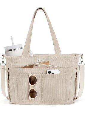 Stylish Corduroy Tote Bag for Women | 17 Pockets | Laptop Work Purse